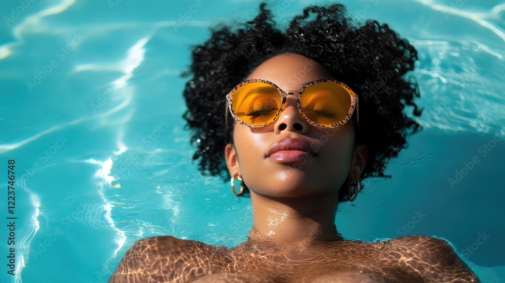 Naklejka premium Woman floats in turquoise pool, sunglasses on, summer sun. Relaxation, leisure, swimwear photo