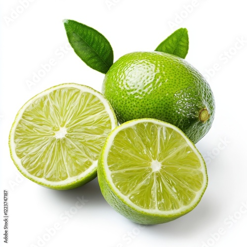 Fresh Limes with Leaves Isolated on White Background. Close-up of whole and sliced fresh limes with green leaves, isolated on a white background, symbolizing freshness and tropical flavors photo