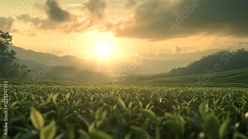 Green tea plantation at sunrise time,nature background.