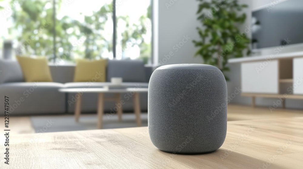 A high-tech smart home speaker with a sleek, modern design in a clean, contemporary living room A high-tech smart home speaker with a sleek, modern design in a clean, contemporary living room