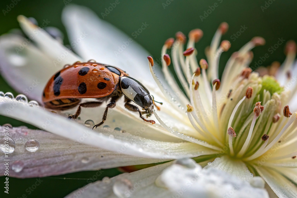 Fototapeta premium Ladybug on dew-covered white flower.
