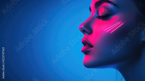 Woman, neon light, profile, pink blue, futuristic makeup, beauty