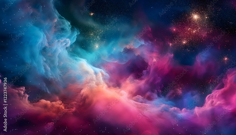 Fototapeta premium Ethereal nebula with vibrant clouds of gas in shades of magenta, teal, and gold. Abstract cosmic background