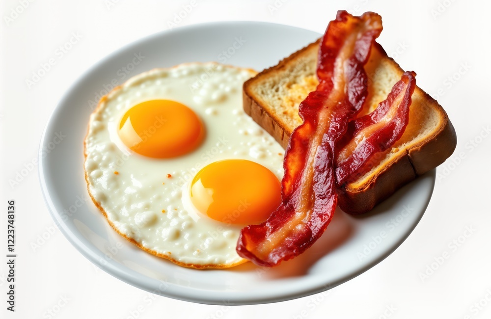 Fried eggs, crispy bacon on plate. Classic American breakfast. Isolated on white background. Delicious, healthy meal. Perfect breakfast food. Tasty, fresh food. Morning meal. Close up view. Two eggs