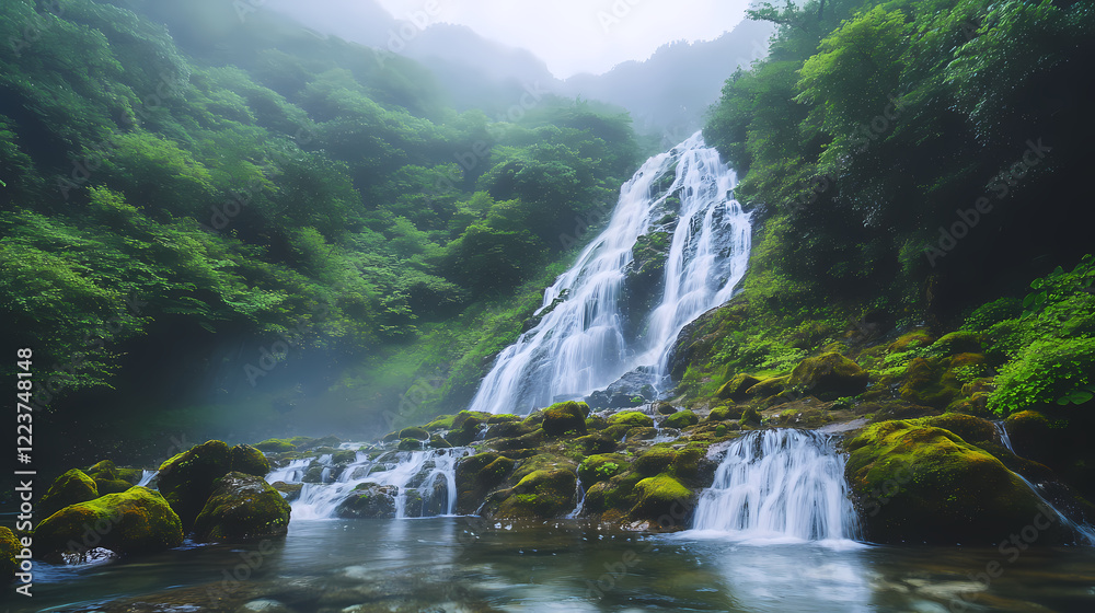 Fototapeta premium serene misty cascading valley waterfall