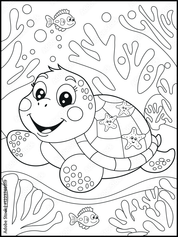 Fototapeta premium Illustration of a cute baby turtle cartoon character. Black and white Printable underwater coloring page for kids. 