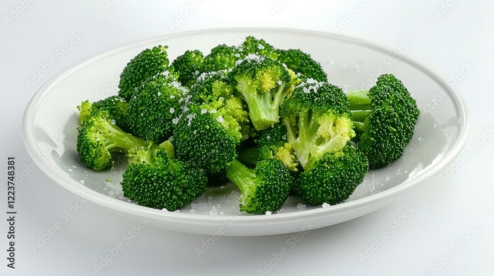 A clean and simple plate of freshly steamed broccoli, lightly seasoned with sea salt, neatly arranged on a plain white plate A clean and simple plate of freshly steamed broccoli, lightly seasoned with sea salt, neatly arranged on a plain white plate