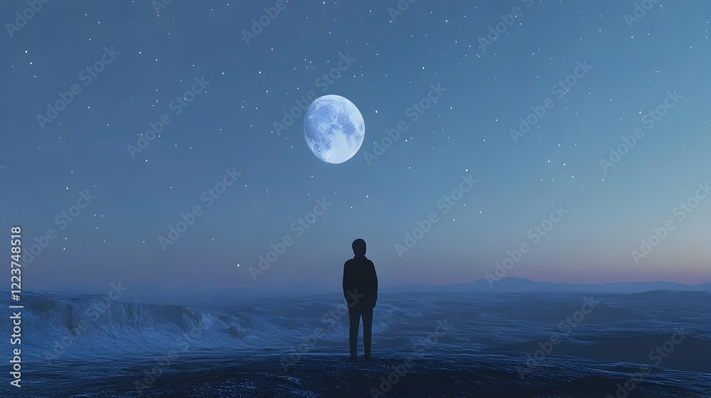 Deep blue twilight sky with a silver moon and scattered diamond dust stars Deep blue twilight sky with a silver moon and scattered diamond dust stars