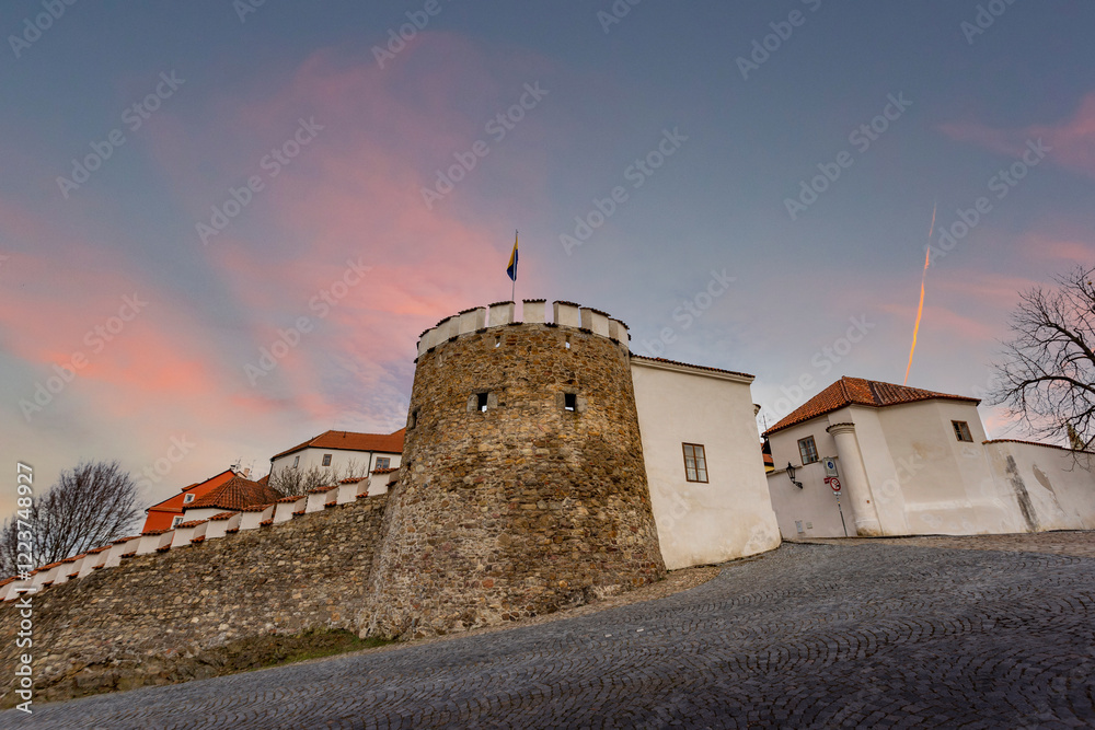 Narrow picturesque street with baroque and renaissance historical buildings. Cityscape of medieval town Pisek, Czechia.