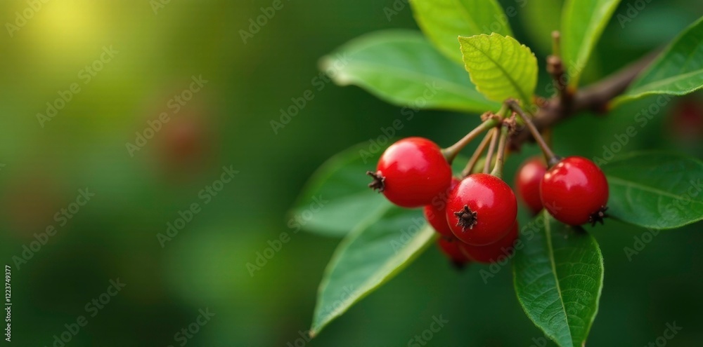 Small red berries on Cotoneaster coriaceus branches, green leaves, plant Small red berries on Cotoneaster coriaceus branches, green leaves, plant