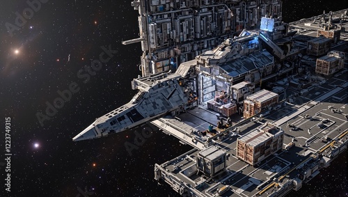 Fototapeta Naklejka Na Ścianę i Meble -  Futuristic space station with cargo spaceship loading