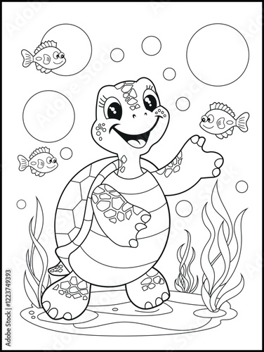 Illustration of a cute baby turtle cartoon character. Black and white Printable underwater coloring page for kids.
