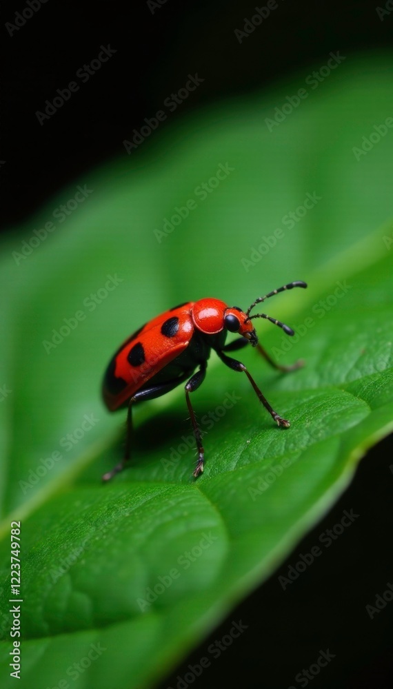 Small red bug on a large green leaf in black background, insect details, bug life, red insect Small red bug on a large green leaf in black background, insect details, bug life, red insect