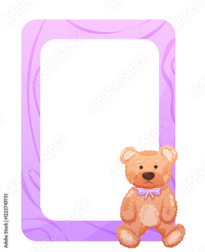 Cute childish wooden frame for photo with plush bear