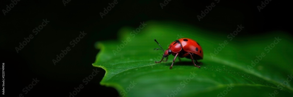 Fototapeta premium Small red bug on a large green leaf in black background, insect on leaf, greenleaf