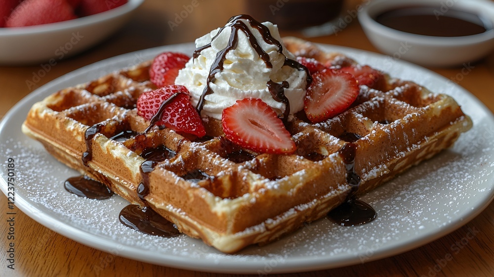 Waffles, strawberries, cream, chocolate, breakfast, table, delicious, food photography Waffles, strawberries, cream, chocolate, breakfast, table, delicious, food photography