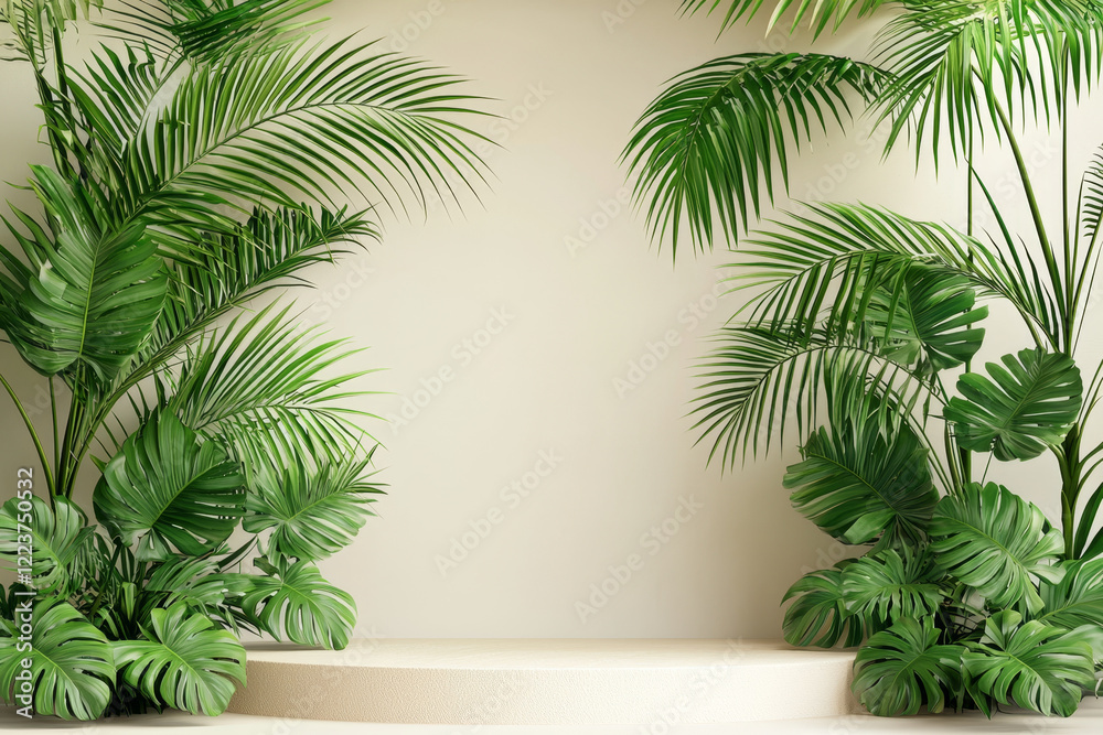 Lush tropical foliage frames a minimalist beige platform. Lush tropical foliage frames a minimalist beige platform.