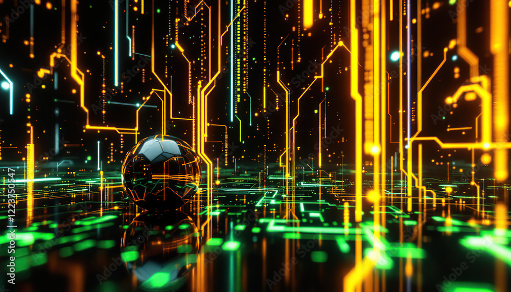 Fototapeta premium Futuristic Soccer Ball in a Digital Circuit Landscape