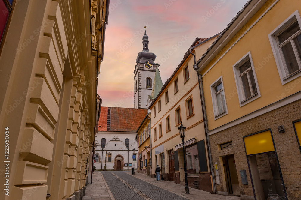 Medieval Town Pisek and historic old street with church of the nativity of the blessed Virgin Mary.