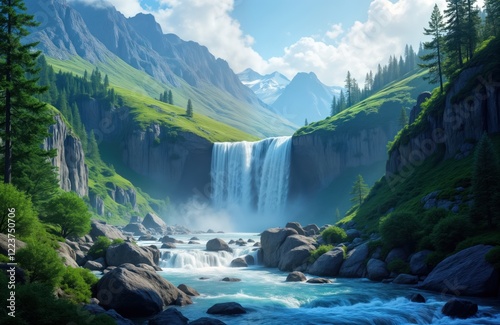 Majestic waterfall cascading down mountain rocks. Scenic view of tranquil nature. Rich green valley surrounds. Flowing water in picturesque environment. Tranquil, serene landscape ideal for