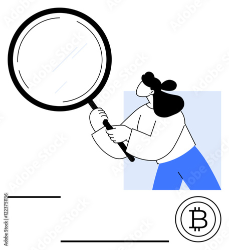 Woman holding magnifying glass observing with curiosity. Bitcoin logo present. Ideal for cryptocurrency research, blockchain, financial analysis, digital trends, innovation, fintech, abstract line