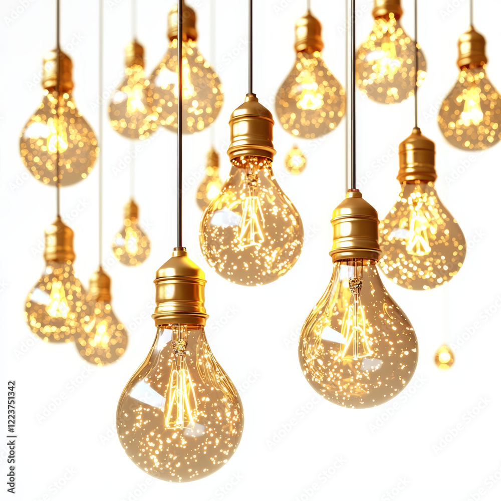 Golden light bulbs, glowing softly, hang against a white background. Golden light bulbs, glowing softly, hang against a white background.