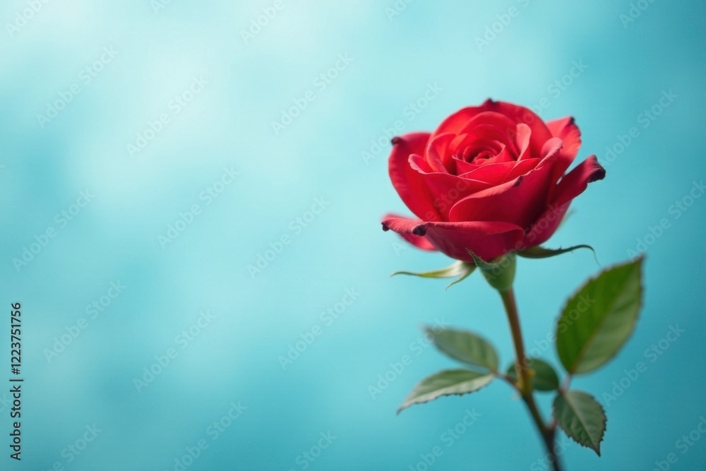 Naklejka premium Small red rose on a light blue misty background, roses, floral