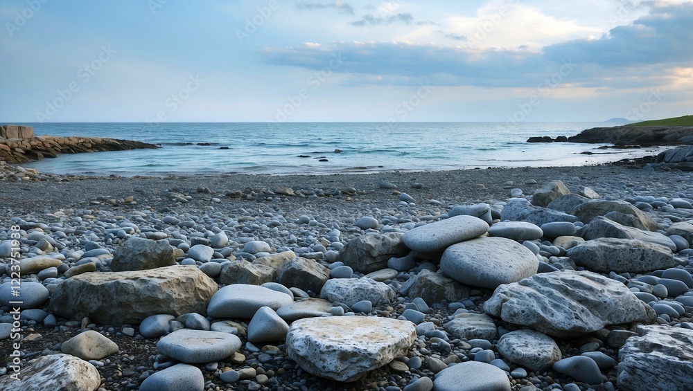 Desolate seaside landscape with gray stones for advertising