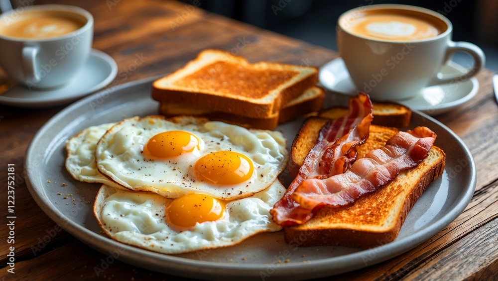 Delicious morning breakfast with fried eggs and bacon Delicious morning breakfast with fried eggs and bacon