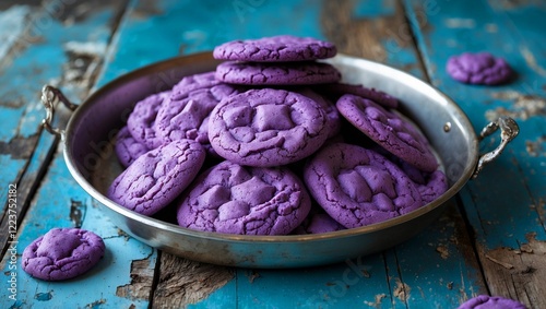 Delicious purple cookies on a rustic blue table
