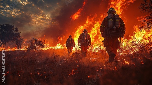 Brave firefighters battling intense wildfire in nature ai generated imagery dramatic environment