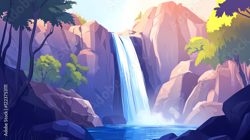 Cascading waterfall in a mountain valley background stunning cascade tumbling down rocks within picturesque canyon setting. Waterfall Valley. Illustration