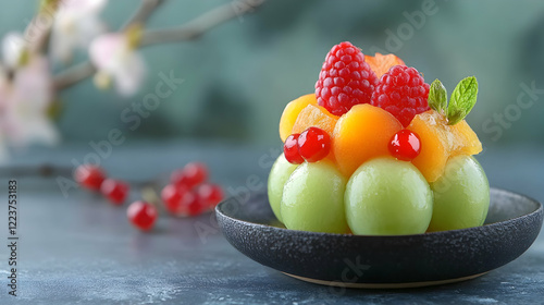 Fruits mitsumame Japanese dessert presented on a table background photo