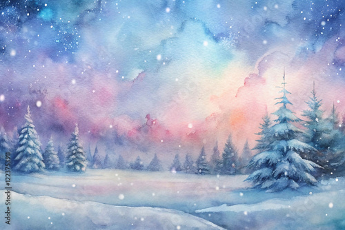 Watercolor winter landscape with snowy fir trees and pastel sky.