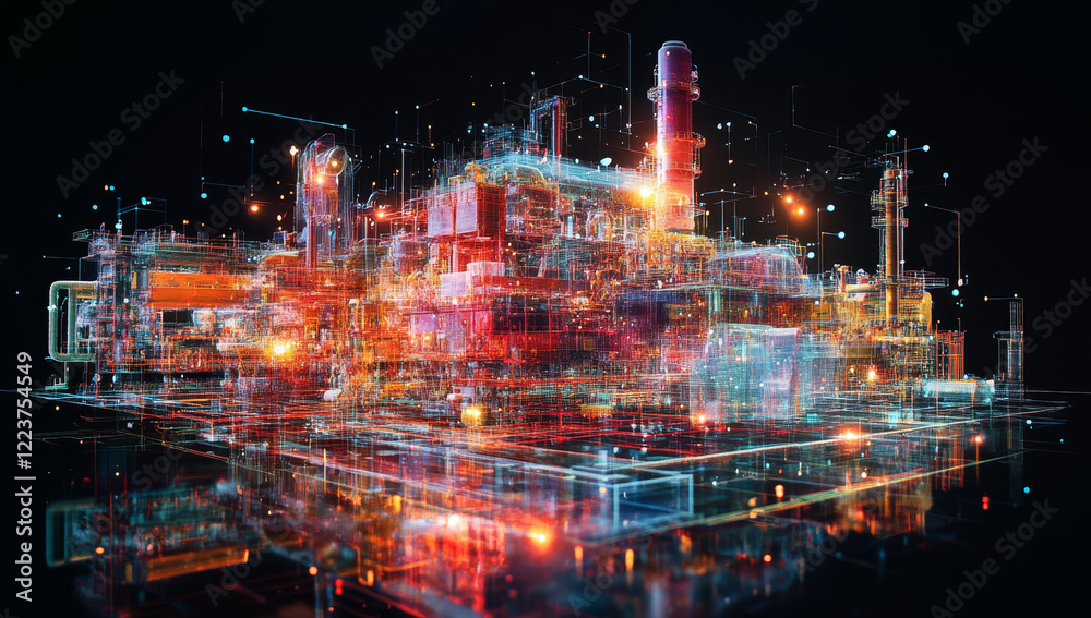 Fototapeta premium Digital rendering of an industrial complex, illuminated with vibrant, interconnected lines.