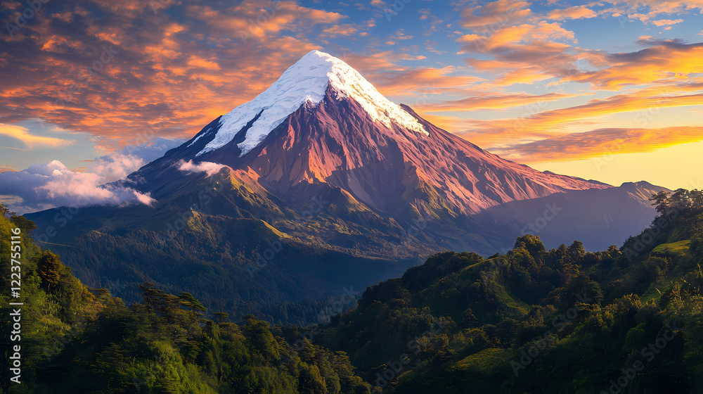 Fototapeta premium Majestic mountain scene showcasing a snow-capped peak at sunrise, surrounded by tranquil skies and lush landscapes. Whispering Peak. Illustration