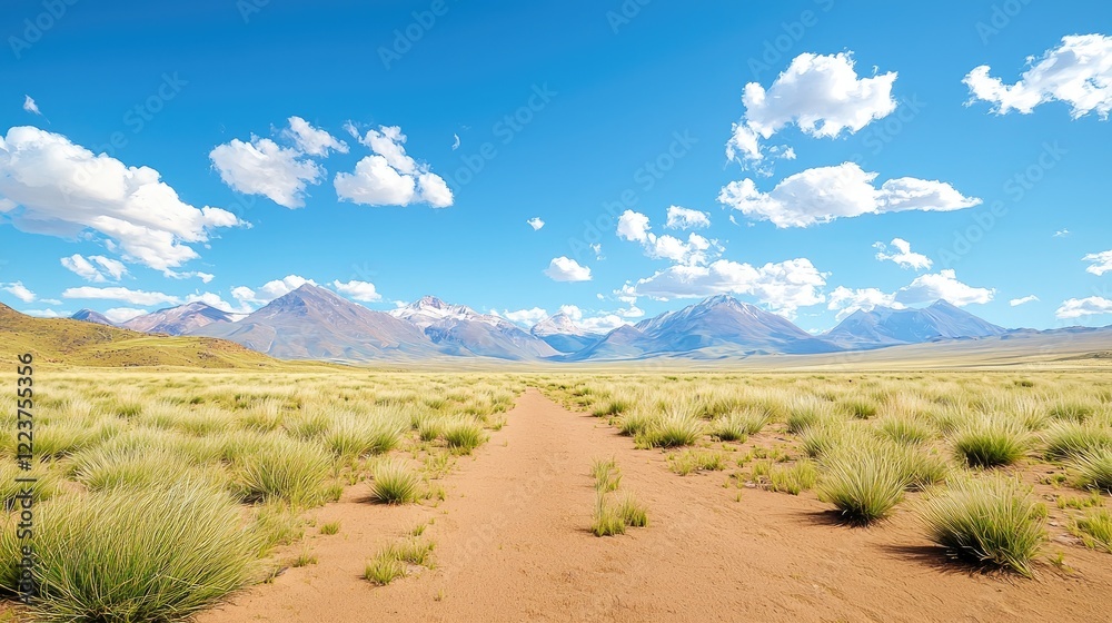 Andean landscape, dirt road leads to mountains, sunny day, travel background Andean landscape, dirt road leads to mountains, sunny day, travel background