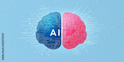 Creative representation of a brain divided in two, blending human intellect with cutting-edge technology