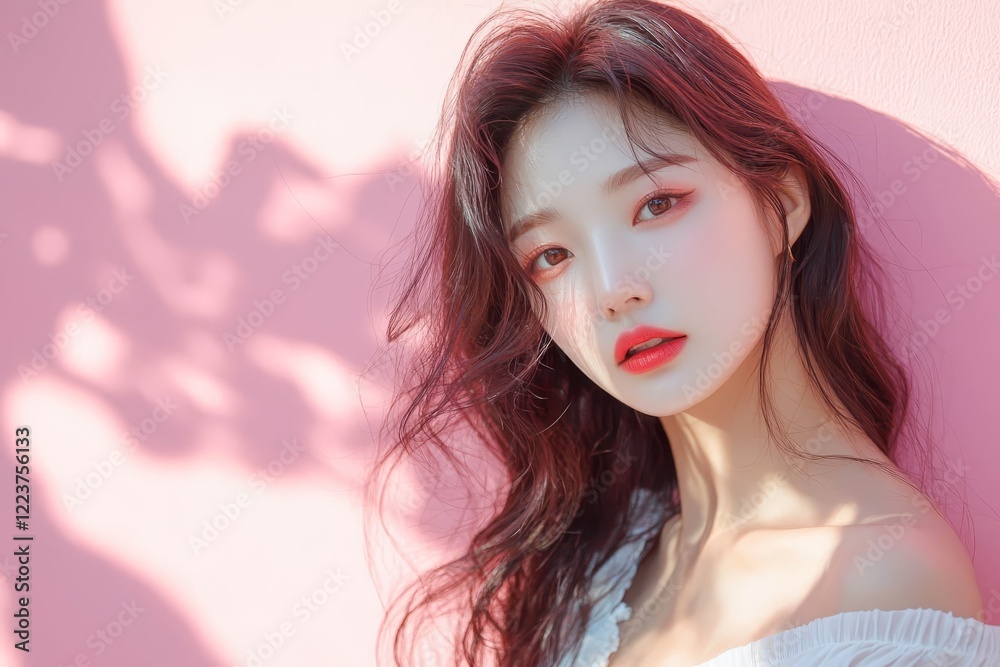 Fototapeta premium Beautiful korea woman posing at pink background with summer concep.