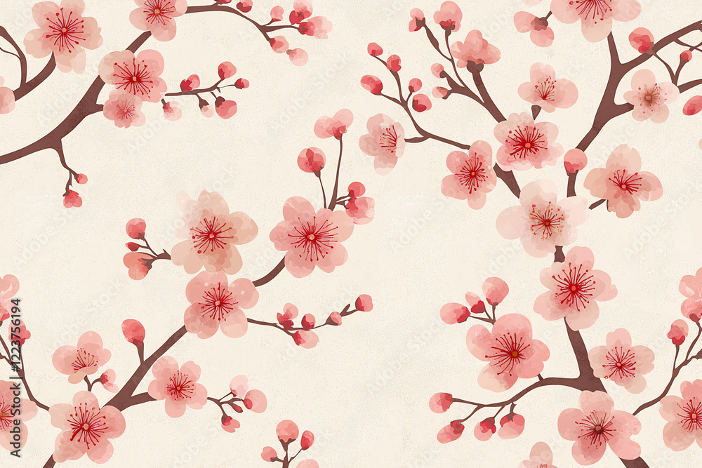 Naklejka premium Delicate pink cherry blossom branches with buds on a soft cream background, ideal for spring-themed designs