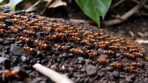 Organized row of ants catching their food toward the ant heap.