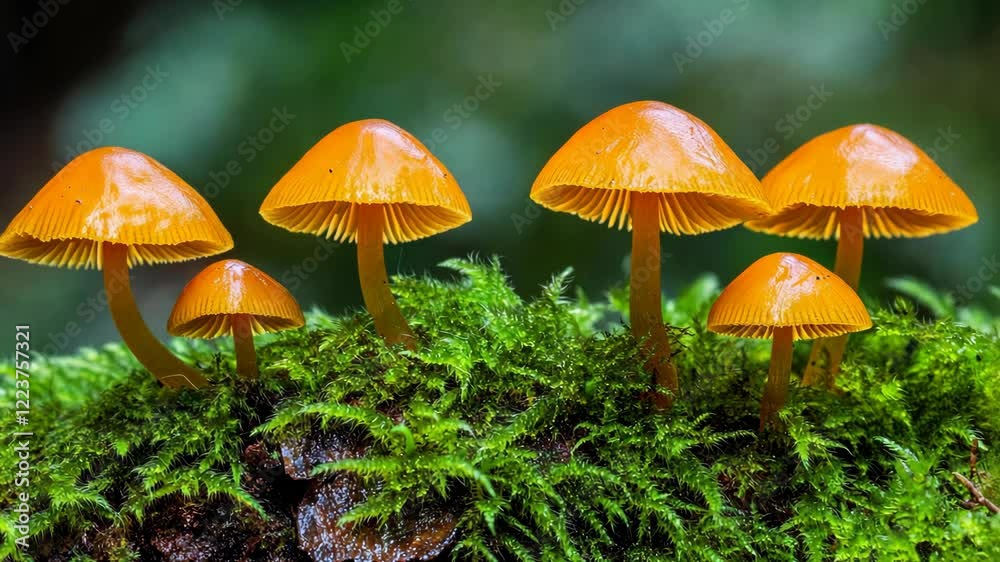 Vibrant orange mushrooms grow among lush green moss in a forest setting during daylight Vibrant orange mushrooms grow among lush green moss in a forest setting during daylight