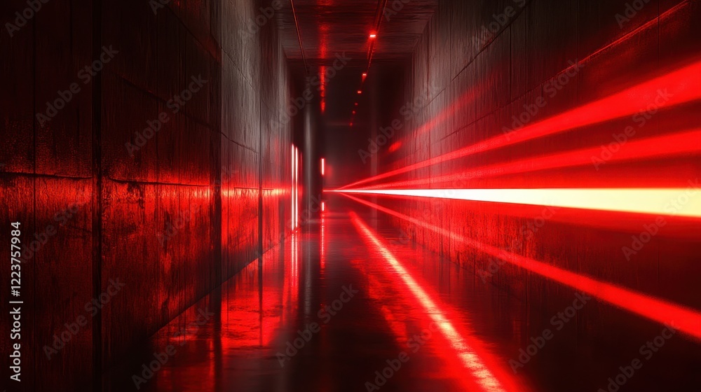 Red Neon Lights Illuminate Dark Concrete Corridor Red Neon Lights Illuminate Dark Concrete Corridor