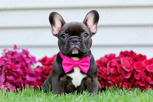 Adorable French Bulldog puppy dressed in a fuchsia bowtie sitting on green grass surrounded by colorful flowers under a clear sky photo