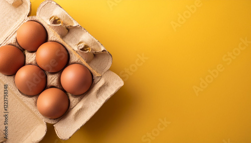 A carton of brown eggs on a yellow background. The eggs are arranged neatly in the carton.