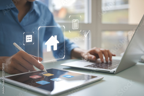 Streamlining Real Estate: Digital Property Management on Tablet, Interactive Checklists, Housing Icons, Investment Tools for Efficient Property Management and  