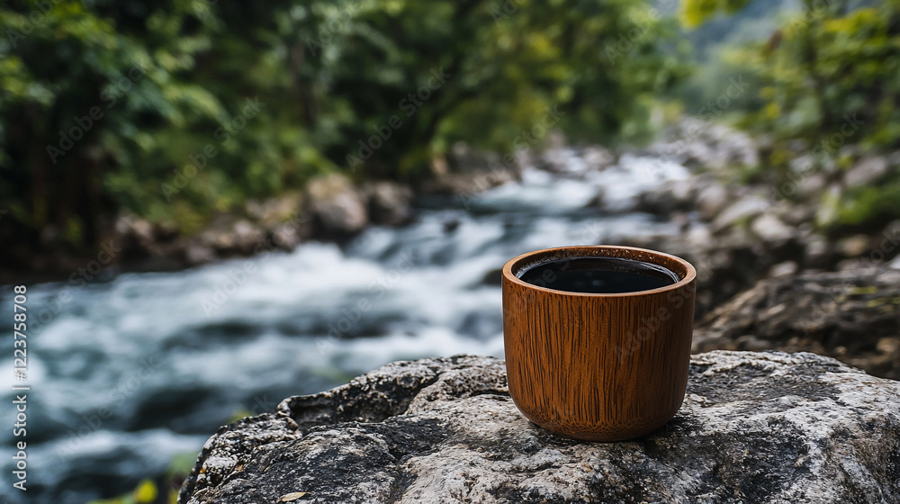 Serene wooden cup resting on a rock by a flowing river, surrounded by lush greenery and tranquility Serene wooden cup resting on a rock by a flowing river, surrounded by lush greenery and tranquility