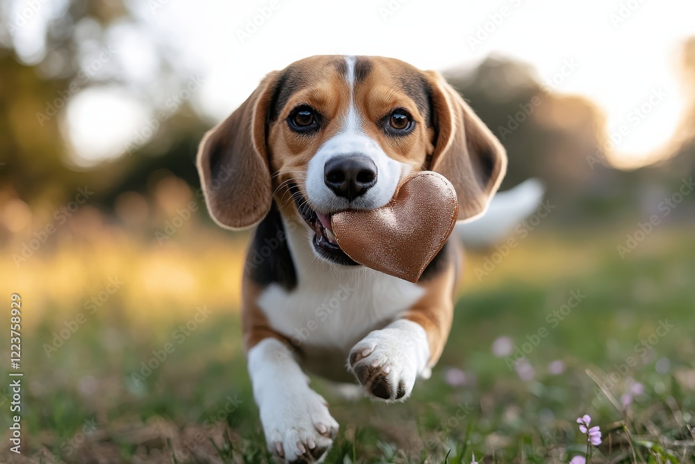 A playful dog joyfully running outdoors with a heart-shaped toy, representing happiness, loyalty, and the unconditional love of pets in our lives. A playful dog joyfully running outdoors with a heart-shaped toy, representing happiness, loyalty, and the unconditional love of pets in our lives.