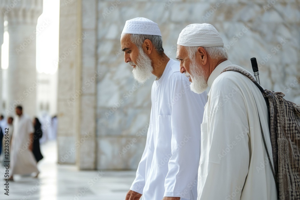 Elderly pilgrims in traditional attire walking during Hajj, highlighting devotion and cultural heritage Elderly pilgrims in traditional attire walking during Hajj, highlighting devotion and cultural heritage