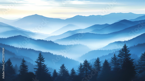 Ethereal blue hues dance across serene mountain peaks, surrounding tranquil forests with gentle whispers of mist and verdant greenery. Whispering Peak. Illustration